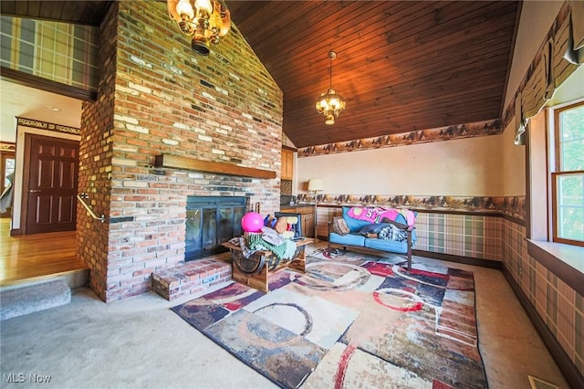 12793 New London Eastern Rd, Spencer, OH 44275 - living area with wooden ceiling, carpet, high vaulted ceiling, a brick fireplace, and a wainscoted wall