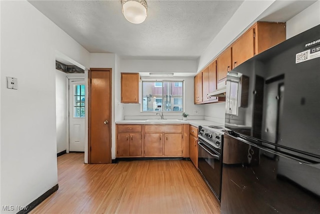 27701 Mills Ave Unit 2N, Euclid, OH 44132 - kitchen with range with electric cooktop, a sink, light wood-style flooring, black fridge, and light countertops