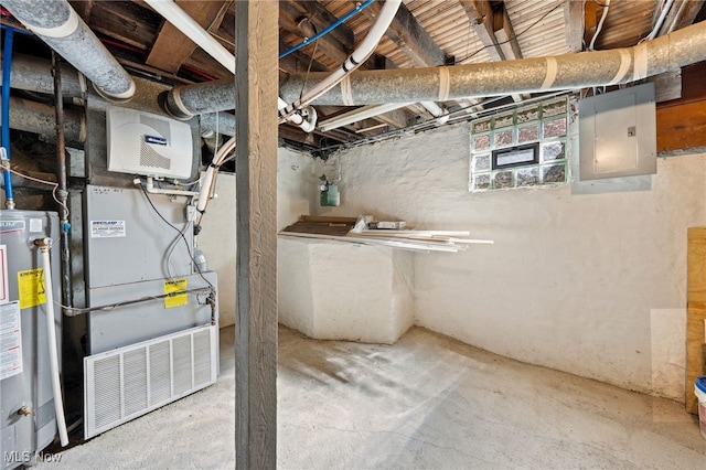 6813 W Clinton Ave, Cleveland, OH 44102 - unfinished below grade area with electric panel, water heater, and gas meter