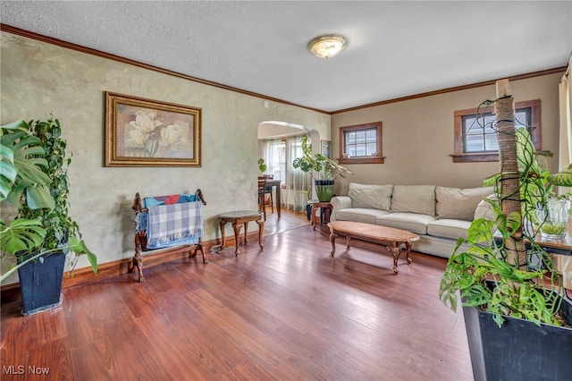 4521 W 147th St, Cleveland, OH 44135 - living room featuring arched walkways, wood finished floors, ornamental molding, and baseboards