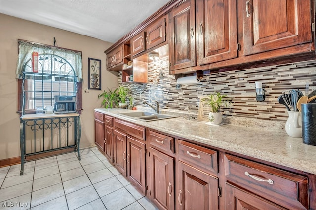 4521 W 147th St, Cleveland, OH 44135 - kitchen with a sink, decorative backsplash, light tile patterned floors, and open shelves