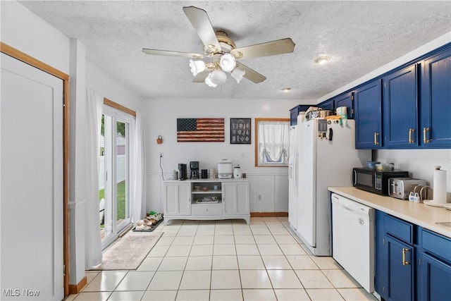 794 Ranney St, Akron, OH 44310 - kitchen with blue cabinetry, white appliances, a ceiling fan, a textured ceiling, and light countertops