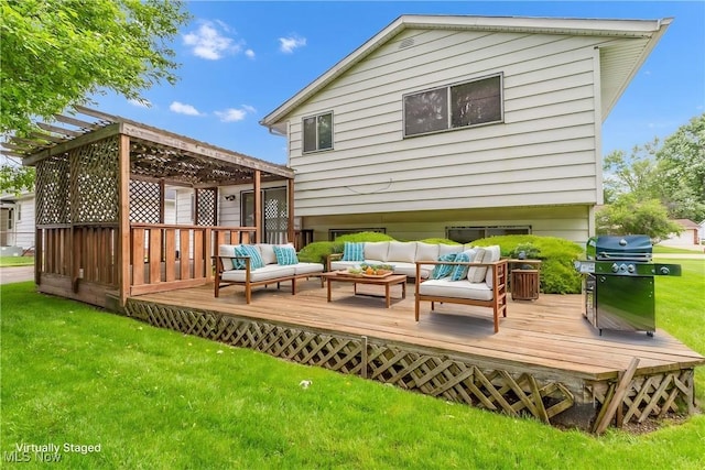 36948 S Lake Shore Blvd, Eastlake, OH 44095 - back of property featuring outdoor lounge area, a deck, a lawn, and a pergola