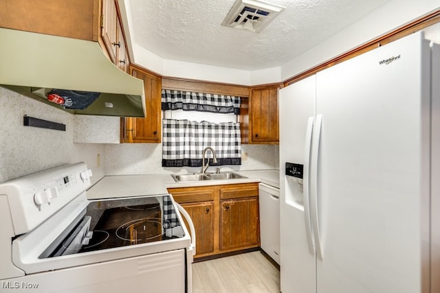 2377 Ansley St, Alliance, OH 44601 - kitchen featuring white appliances, under cabinet range hood, a sink, brown cabinets, and a textured ceiling