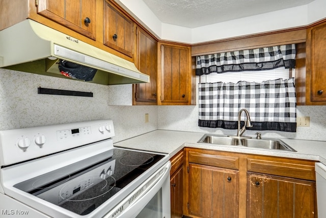 2377 Ansley St, Alliance, OH 44601 - kitchen with white appliances, under cabinet range hood, a sink, light countertops, and backsplash