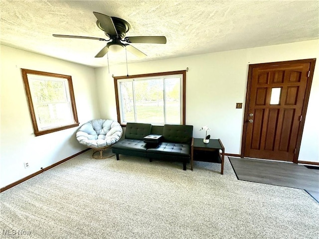 3242 State Route 43, Mogadore, OH 44260 - living room with carpet, baseboards, a ceiling fan, and a textured ceiling