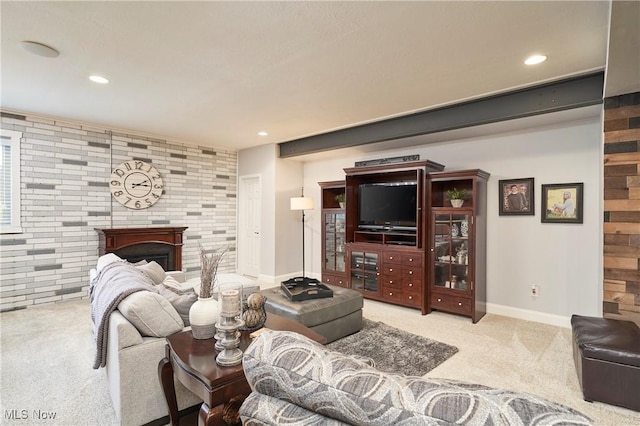 7355 Hunters Glen Ln, Seville, OH 44273 - carpeted living area with a large fireplace, baseboards, and recessed lighting