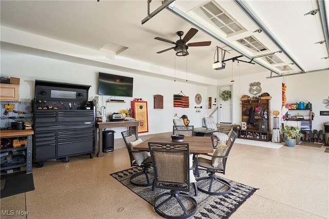 7355 Hunters Glen Ln, Seville, OH 44273 - dining room with speckle patterned floor and a ceiling fan