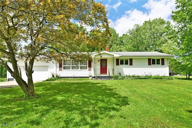 6509 Shafer Rd NW, Warren, OH 44481 - ranch-style house featuring a garage, a front yard, and a chimney