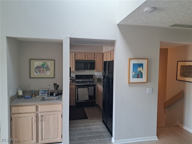 629 Main St, Vermilion, OH 44089 - kitchen with black appliances, light brown cabinetry, light countertops, baseboards, and a sink