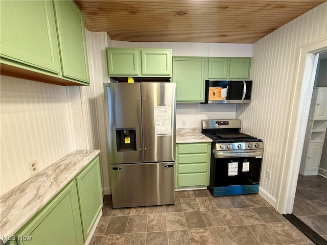 610 N 5th St, Cambridge, OH 43725 - kitchen featuring appliances with stainless steel finishes, green cabinetry, and wooden ceiling