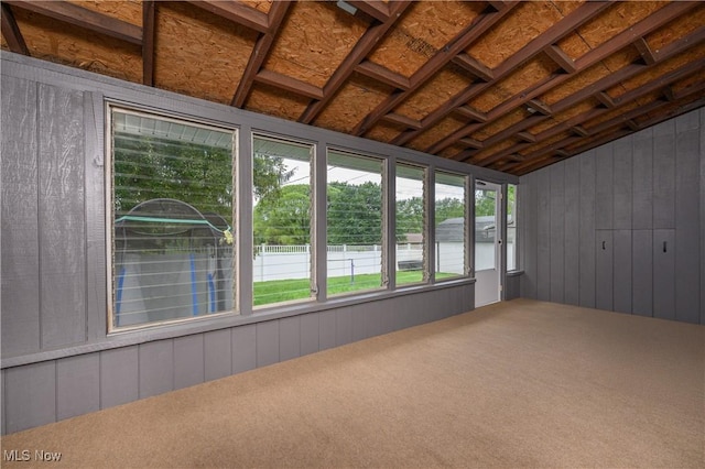 4184 Meadowview Dr NW, Canton, OH 44718 - unfurnished sunroom with carpet floors, wood walls, and lofted ceiling