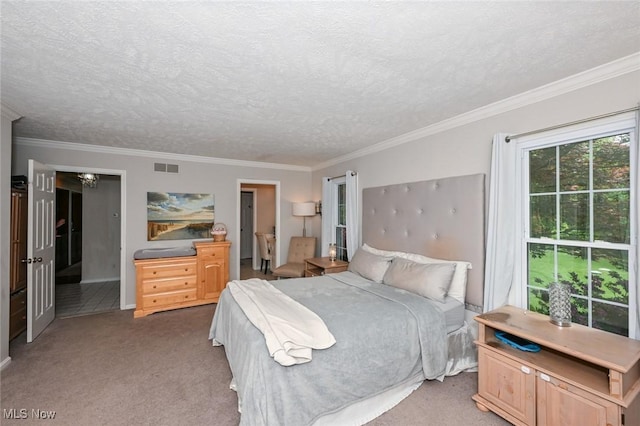 12115 Fowlers Mill Rd, Chardon, OH 44024 - bedroom with carpet flooring, ornamental molding, and a textured ceiling