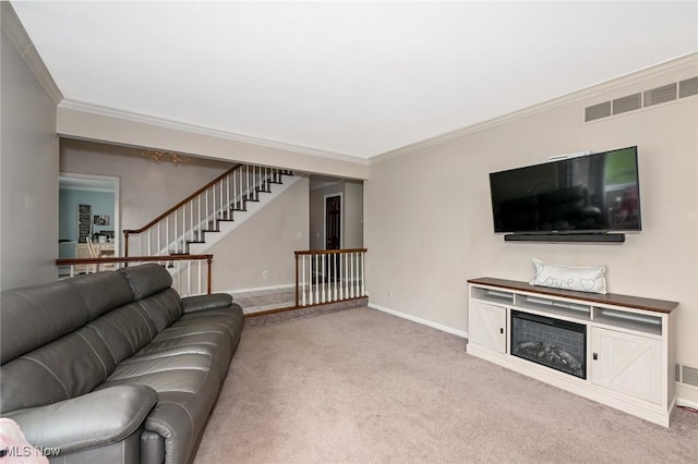 12115 Fowlers Mill Rd, Chardon, OH 44024 - living room with carpet, stairs, crown molding, and baseboards