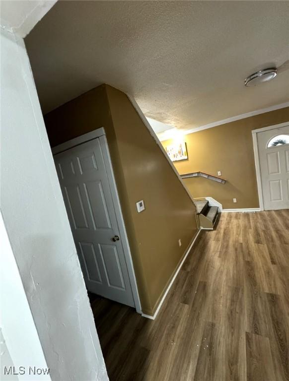 666 Parkwood Rd, Cleveland, OH 44108 - hall featuring wood finished floors, a textured ceiling, and baseboards