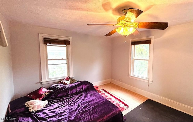 362 E Park Blvd, Akron, OH 44305 - bedroom featuring multiple windows, wood finished floors, baseboards, a ceiling fan, and a textured ceiling