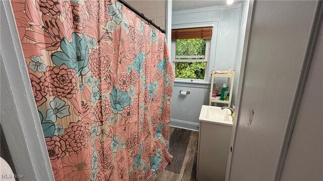 362 E Park Blvd, Akron, OH 44305 - bathroom with vanity, wood finished floors, baseboards, and a shower with curtain