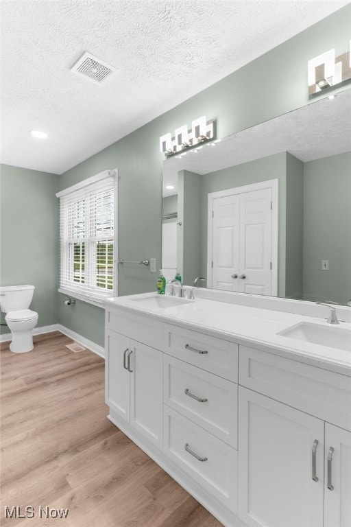 6937 Reynolds Rd, Mentor, OH 44060 - bathroom with double vanity, a textured ceiling, wood finished floors, and toilet