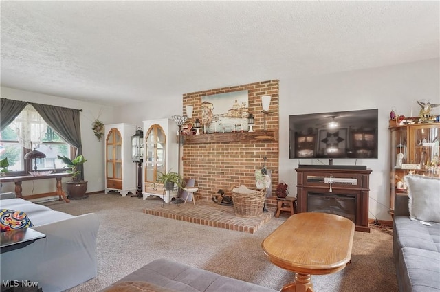 22010 Mountz Rd, Minerva, OH 44657 - carpeted living area with a fireplace, a textured ceiling, and baseboards