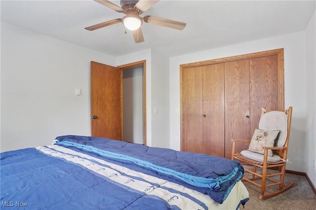 22010 Mountz Rd, Minerva, OH 44657 - bedroom with carpet floors, a closet, ceiling fan, and baseboards