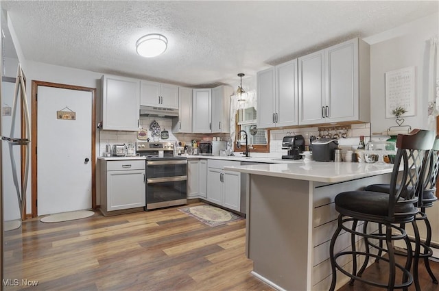 22010 Mountz Rd, Minerva, OH 44657 - kitchen featuring stainless steel appliances, under cabinet range hood, a peninsula, wood finished floors, and decorative backsplash