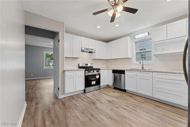 608 Arch St, Salem, OH 44460 - kitchen featuring appliances with stainless steel finishes, a sink, a textured ceiling, light wood-type flooring, and under cabinet range hood