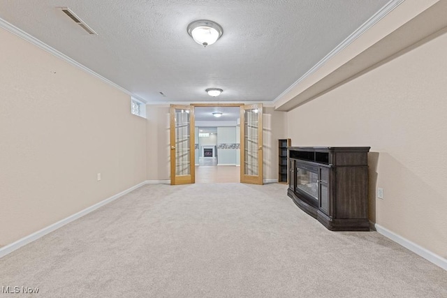 153 Cheyenne Trl, Malvern, OH 44644 - unfurnished living room featuring ornamental molding, a textured ceiling, carpet, baseboards, and a multi sided fireplace