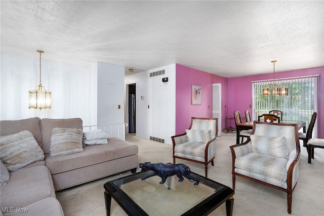 1580 S Hametown Rd, Copley, OH 44321 - living room with a chandelier, a textured ceiling, and light carpet