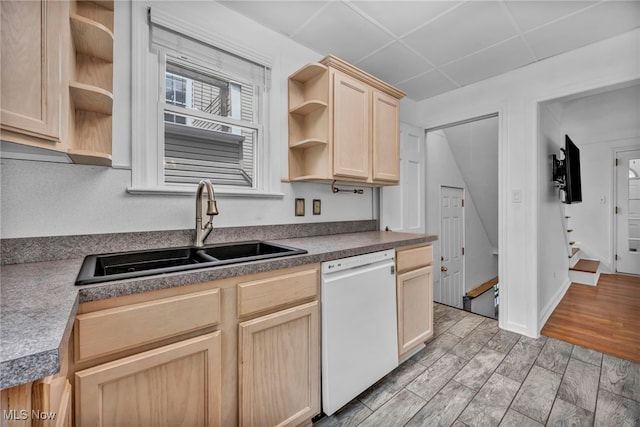 21650 Wilmore Ave, Euclid, OH 44123 - kitchen featuring dishwasher, a sink, open shelves, light brown cabinets, and a paneled ceiling