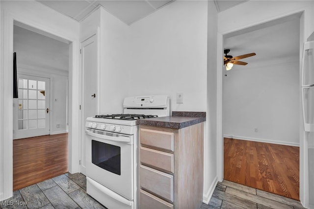 21650 Wilmore Ave, Euclid, OH 44123 - kitchen featuring white gas stove, a ceiling fan, wood finished floors, dark countertops, and baseboards