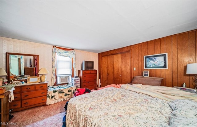 1092 State Route 46 N, Jefferson, OH 44047 - carpeted bedroom with cooling unit, a closet, and wooden walls
