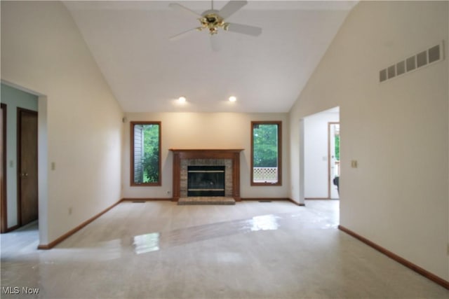 28420 Glen Hollow Ln, Olmsted Falls, OH 44138 - unfurnished living room featuring baseboards, a brick fireplace, high vaulted ceiling, carpet, and a ceiling fan