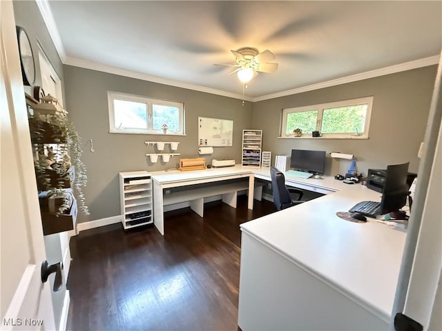 250 Crystal Ln, Weirton, WV 26062 - office with plenty of natural light, dark wood-style flooring, ceiling fan, crown molding, and baseboards