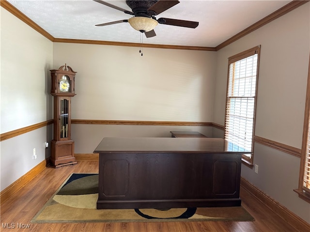 2761 Timberline Dr, Cortland, OH 44410 - office area featuring wood finished floors, plenty of natural light, ceiling fan, baseboards, and crown molding