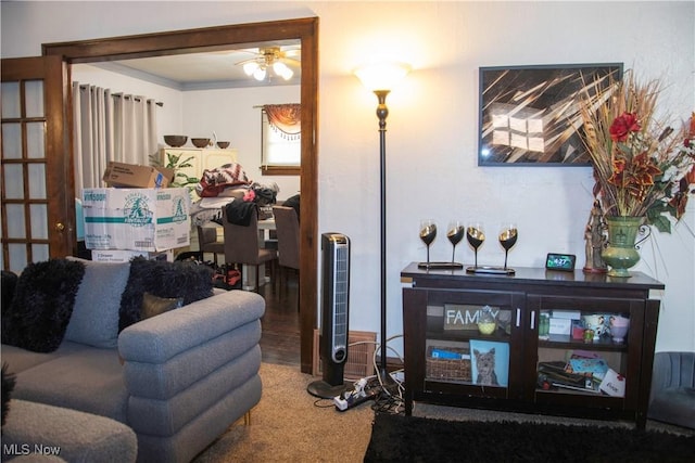 3308 Cedarbrook Rd, Cleveland Heights, OH 44118 - carpeted living area with a ceiling fan
