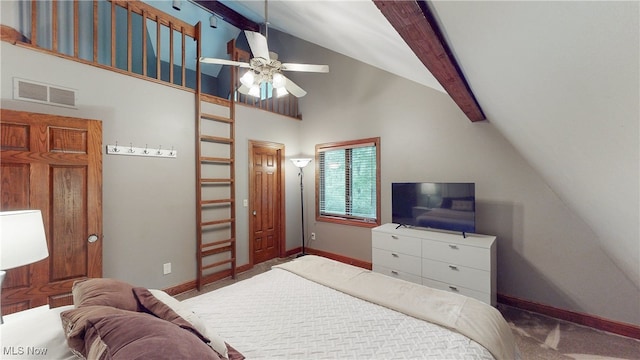 5360 Som Center Rd, Solon, OH 44139 - carpeted bedroom with beamed ceiling, baseboards, high vaulted ceiling, and a ceiling fan