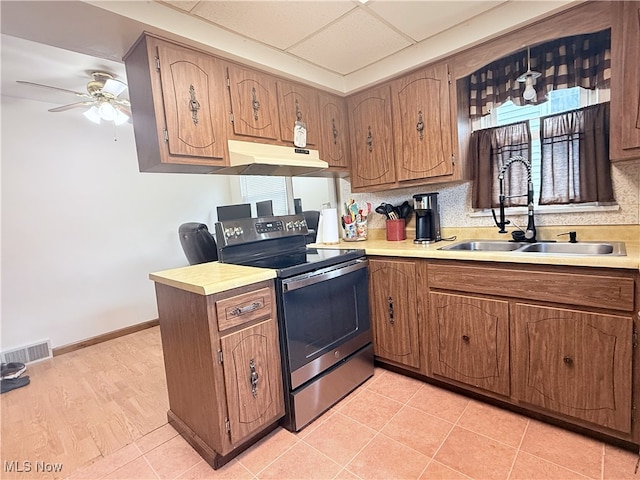 1214 Wentworth Ave, Toronto, OH 43964 - kitchen featuring electric range, under cabinet range hood, a sink, light countertops, and a ceiling fan