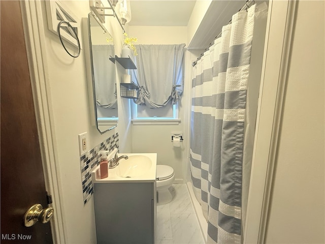 1214 Wentworth Ave, Toronto, OH 43964 - bathroom featuring marble finish floors, vanity, toilet, a shower with curtain, and tasteful backsplash