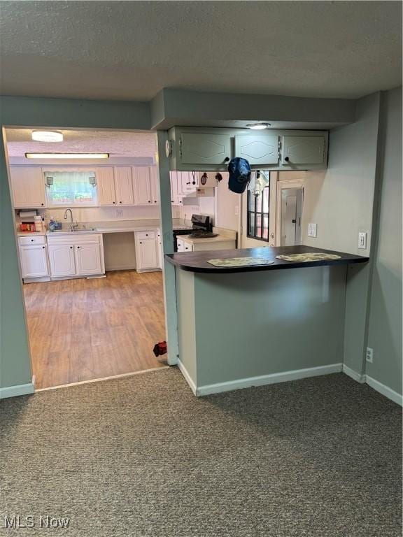 4940 State Route 26, Marietta, OH 45750 - kitchen with a sink, stainless steel range oven, light colored carpet, baseboards, and dark countertops