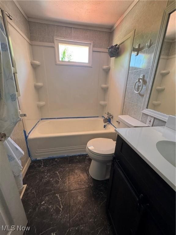 4940 State Route 26, Marietta, OH 45750 - bathroom with vanity, washtub / shower combination, toilet, and a textured ceiling