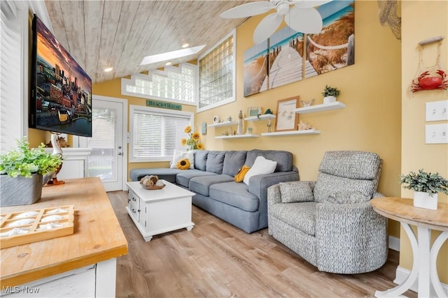 13817 Lakewood Heights Blvd, Lakewood, OH 44107 - living room with wood finished floors, lofted ceiling, a ceiling fan, and wooden ceiling
