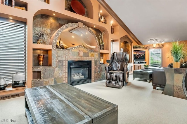 13817 Lakewood Heights Blvd, Lakewood, OH 44107 - carpeted living area with a tiled fireplace