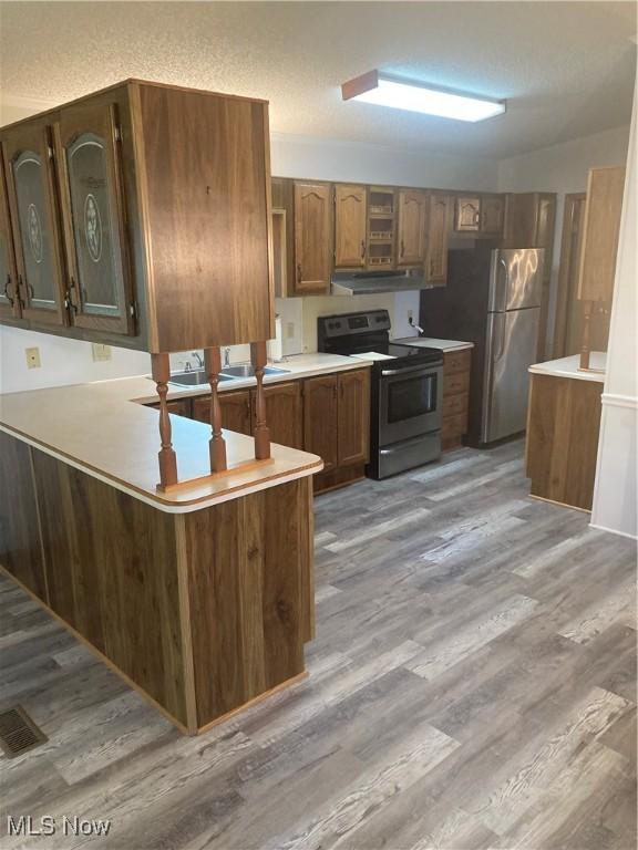 1229 Columbiana Lisbon Rd Unit 39, Columbiana, OH 44408 - kitchen with appliances with stainless steel finishes, under cabinet range hood, light wood finished floors, and a peninsula