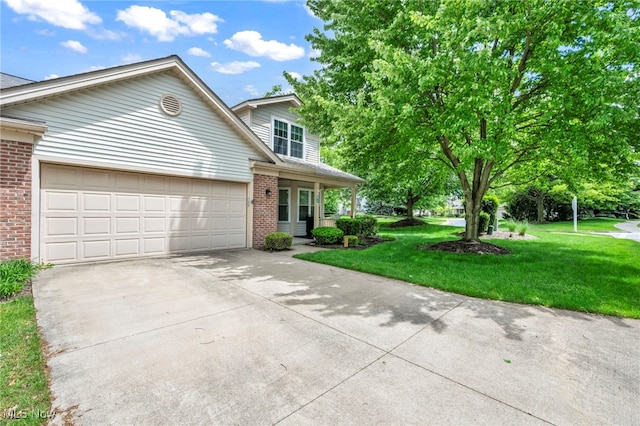 6811 Meadow Ln, Cleveland, OH 44130 - view of front facade with brick siding, concrete driveway, an attached garage, and a front lawn