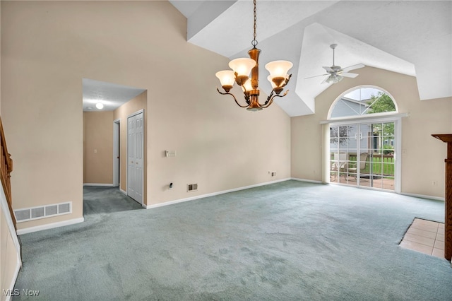6811 Meadow Ln, Cleveland, OH 44130 - unfurnished room featuring high vaulted ceiling, carpet flooring, a chandelier, a ceiling fan, and baseboards