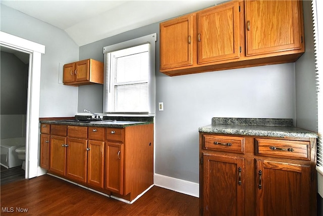 1033 Monnot Pl NW, Canton, OH 44703 - kitchen featuring dark wood finished floors, brown cabinetry, lofted ceiling, a sink, and baseboards