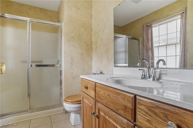 820 Southwestern Run Unit 43, Poland, OH 44514 - full bathroom featuring toilet, vanity, an enclosed shower, a textured wall, and tile patterned floors