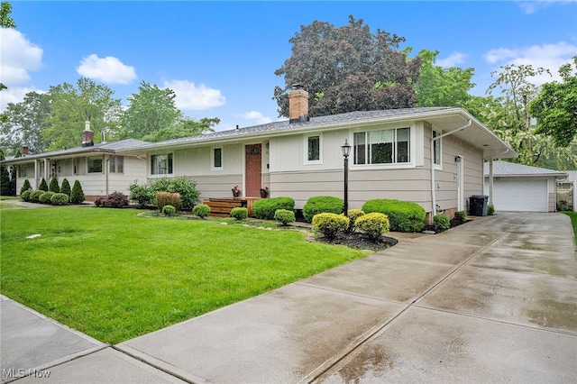 6270 Springwood Rd, Parma Heights, OH 44130 - ranch-style home featuring a chimney, a front yard, an outbuilding, a detached garage, and concrete driveway