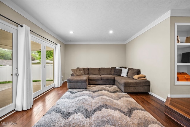 6270 Springwood Rd, Parma Heights, OH 44130 - living room featuring dark wood finished floors, ornamental molding, recessed lighting, and baseboards