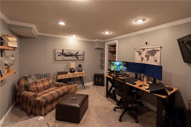 10957 Mogadore Ave NW, Uniontown, OH 44685 - home office featuring carpet floors, a textured ceiling, recessed lighting, crown molding, and baseboards